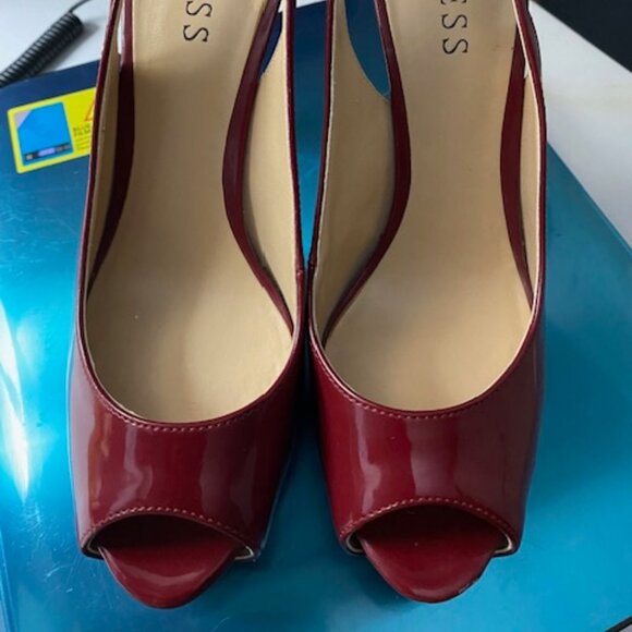 Guess Wine Color Peep Toe Sling Back Platform 5 Inch Women's Shoes S: 7.5M - Picture 1 of 14